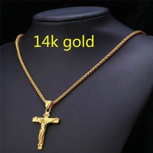 14K Yellow Gold Jesus Crucifix Cross Pendant & 18" Necklace